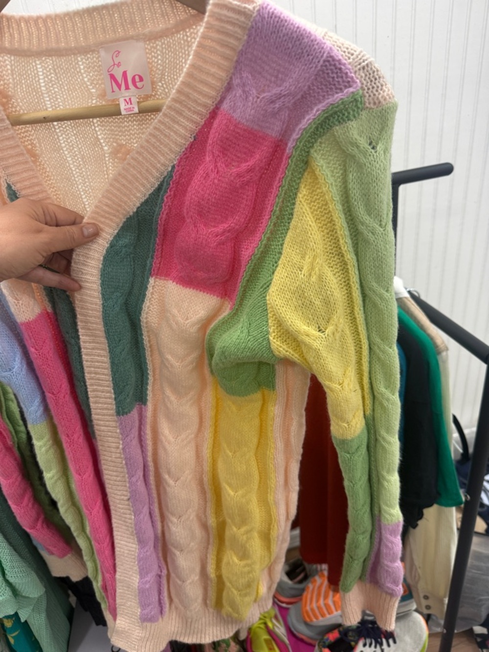 So Me Pastel Multi-Striped Open-Front Cable Knit Cardigan - Picture 4 of 7